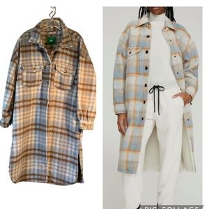 Dip Women Oversized Long Plush Plaid Shirt Jacket Shacket Tan Unlined Medium NWT